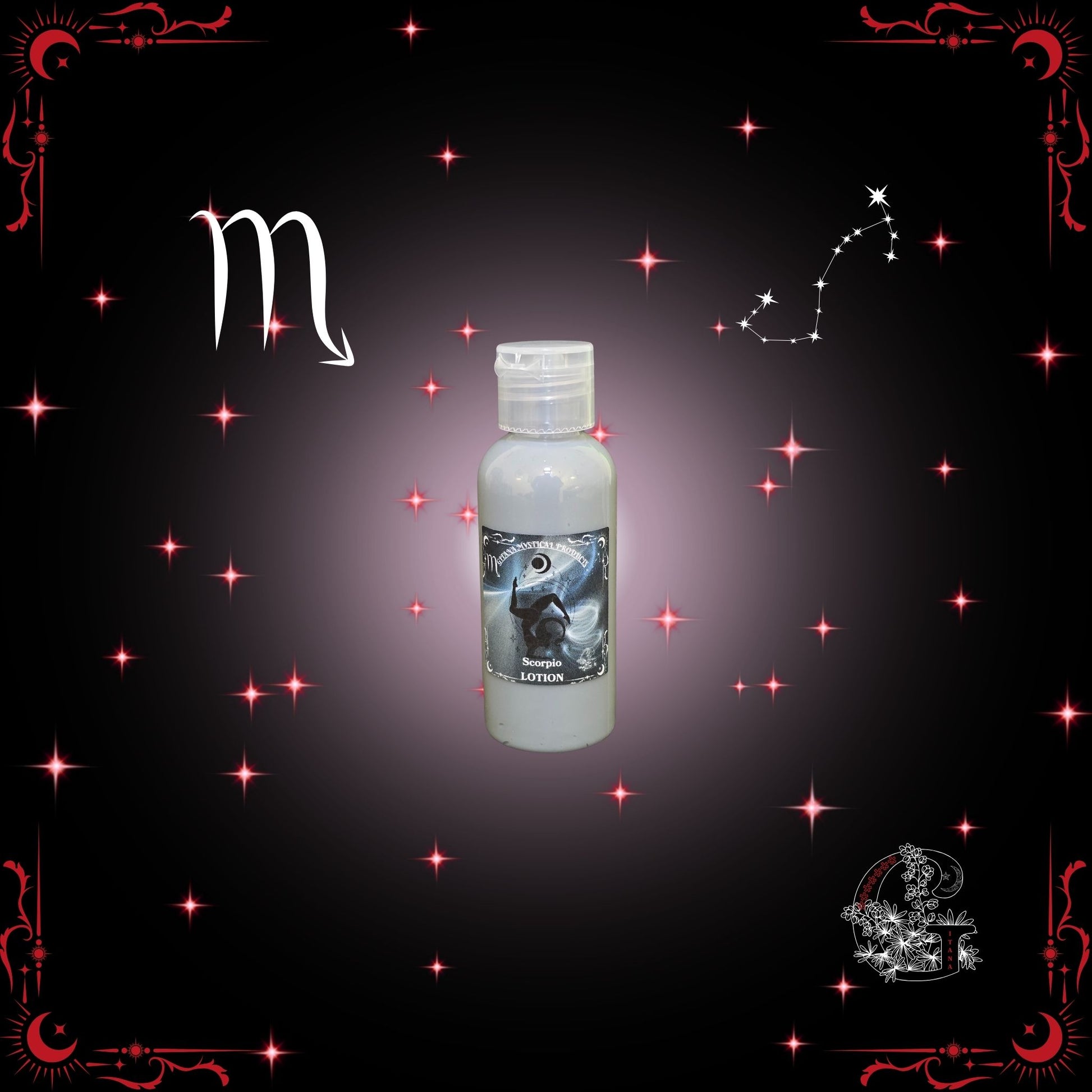 Scorpio Zodiac Lotion – deep, captivating lotion with dark crimson tones symbolizing mystery and allure.