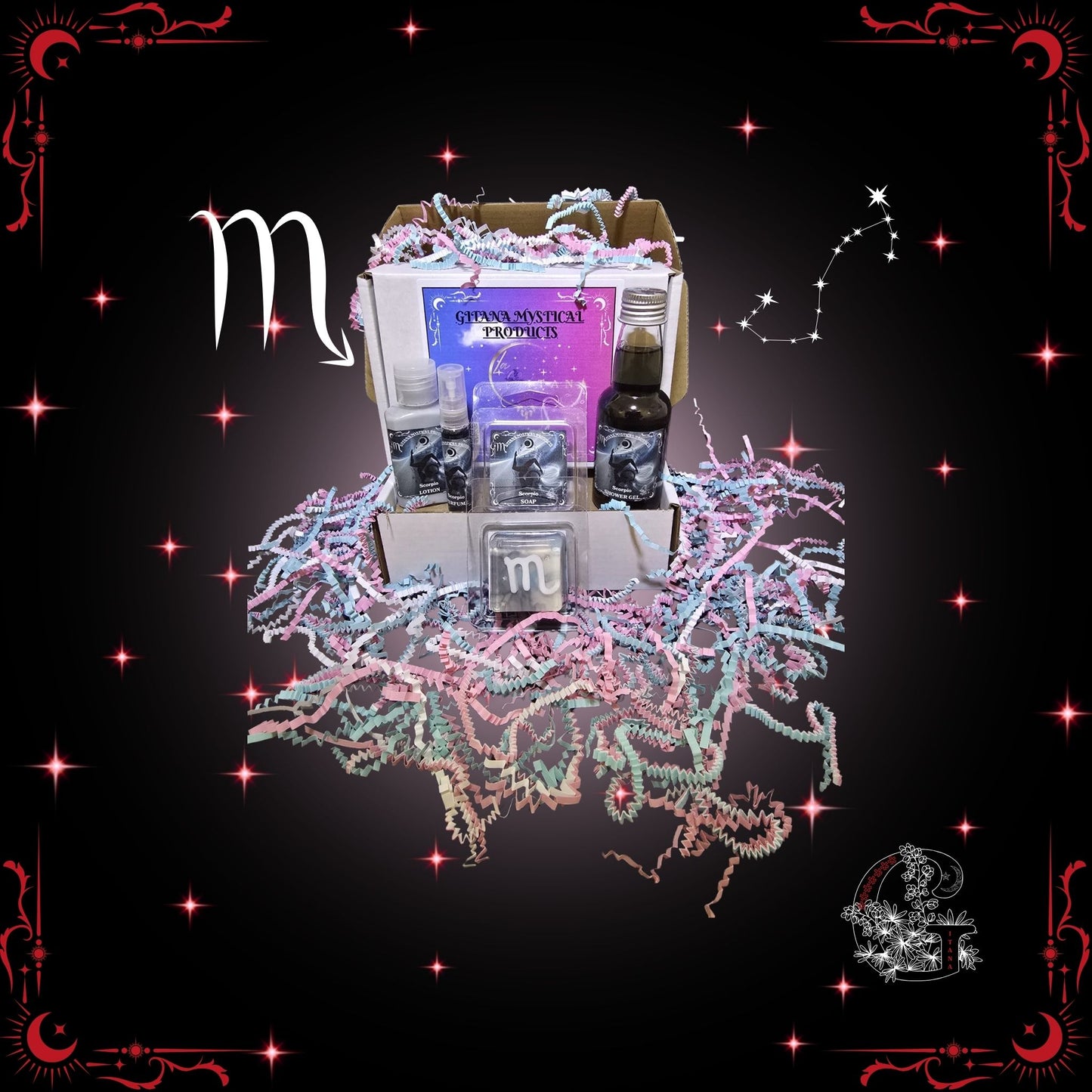 Scorpio Zodiac Mini Gift Set – magnetic handcrafted collection featuring mini bath, soap, lotion, and perfume in deep crimson tones symbolizing mystery and strength.