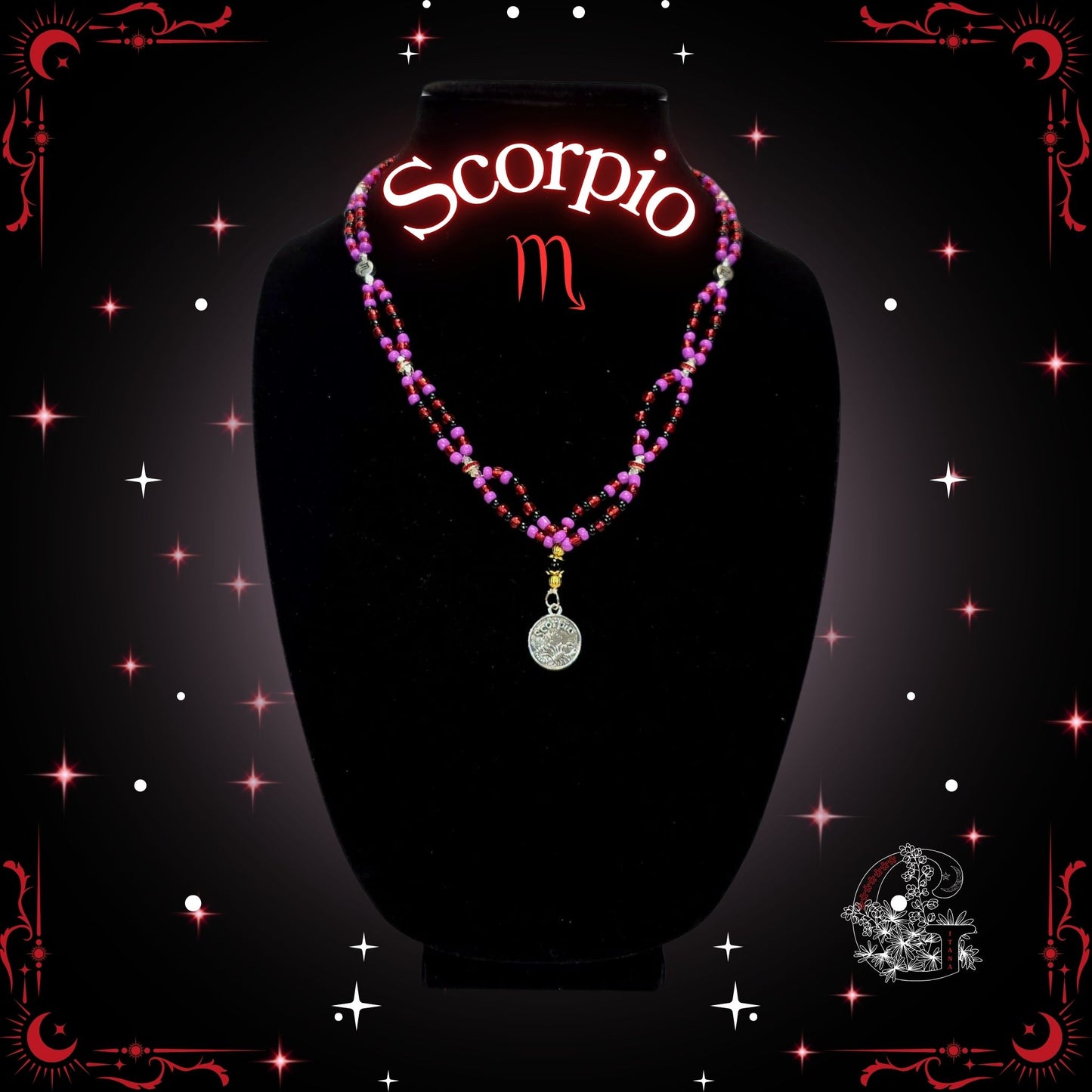 Scorpio Zodiac Necklace – handcrafted beaded necklace in dark red tones with the Scorpio symbol, representing mystery, power, and allure.