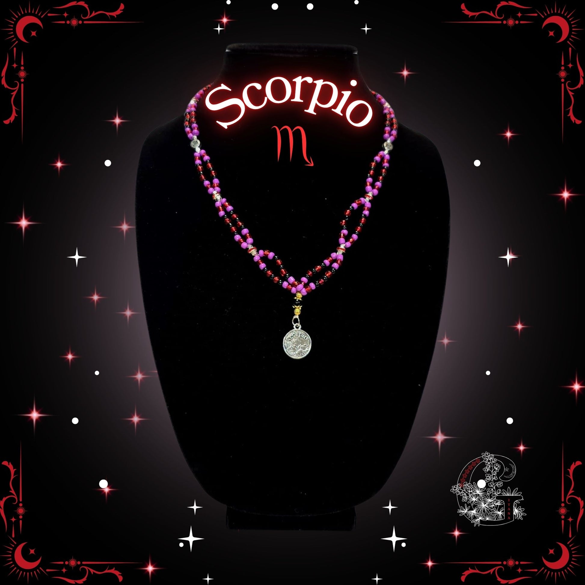 Scorpio Zodiac Necklace – handcrafted beaded necklace in dark red tones with the Scorpio symbol, representing mystery, power, and allure.