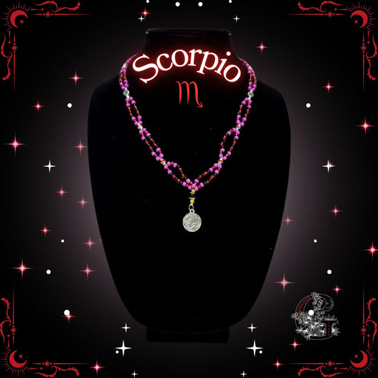 Scorpio Zodiac Necklace – handcrafted beaded necklace in dark red tones with the Scorpio symbol, representing mystery, power, and allure.