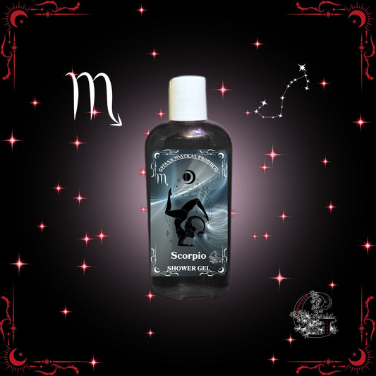 Scorpio Zodiac Shower Gel – deep and magnetic cleanser in dark crimson tones symbolizing mystery and strength.