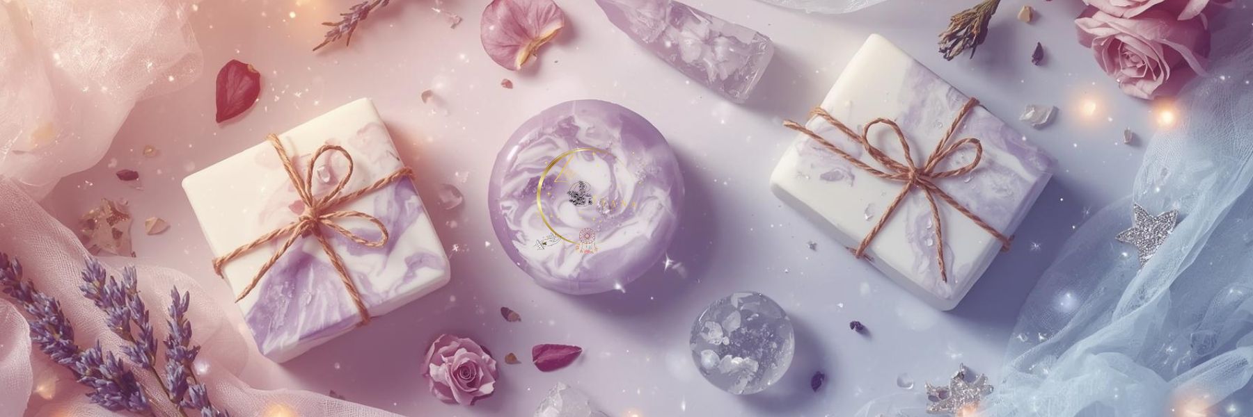 Soaps Collection banner by Gitana Mystical Products – artisan soap bars wrapped in twine on a shimmering cosmic display.