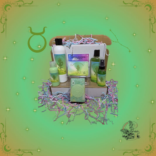 Taurus Zodiac Full Gift Set – grounding handcrafted collection featuring bath, soap, lotion, shower gel, and perfume in soothing green hues that promote balance and comfort.