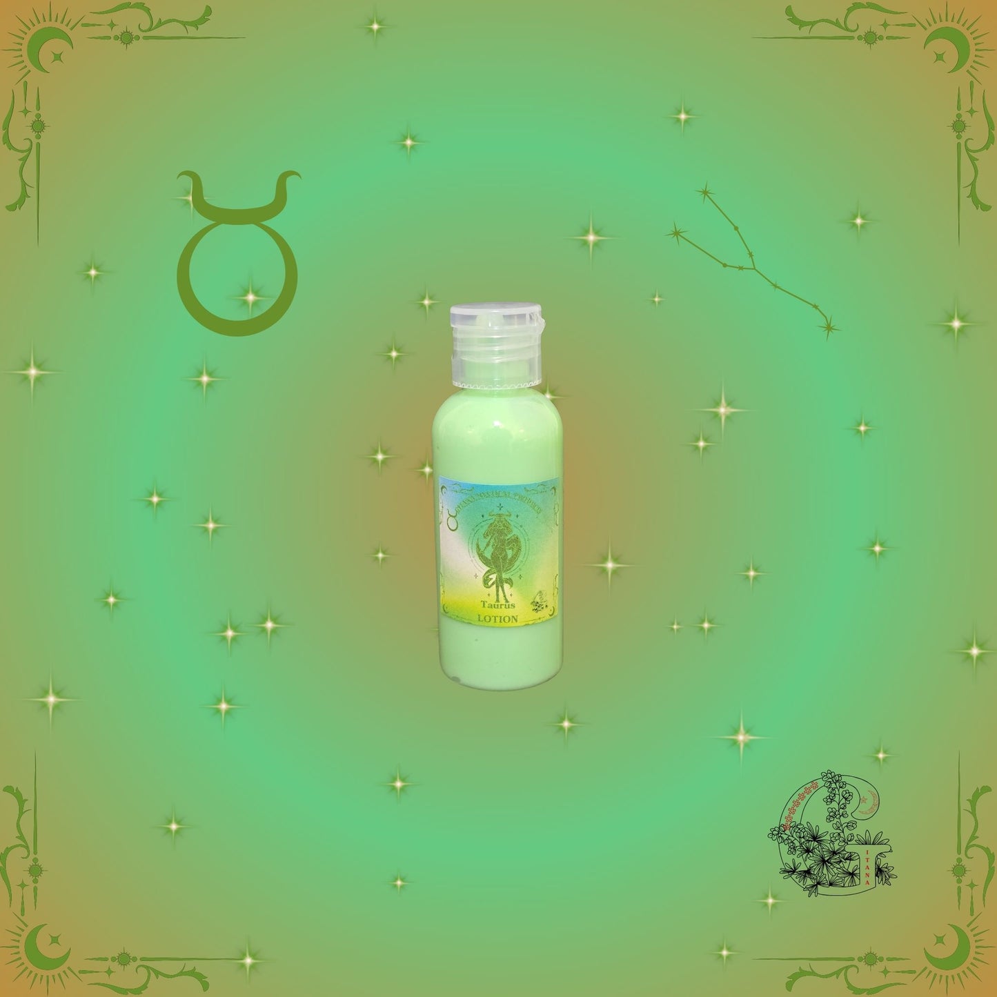 Taurus Zodiac Lotion – soothing and grounding lotion in green tones for balance and comfort.