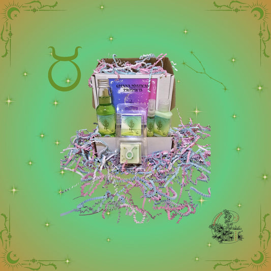 Taurus Zodiac Mini Gift Set – grounding collection with handcrafted mini bath, soap, lotion, and perfume in soothing green hues.