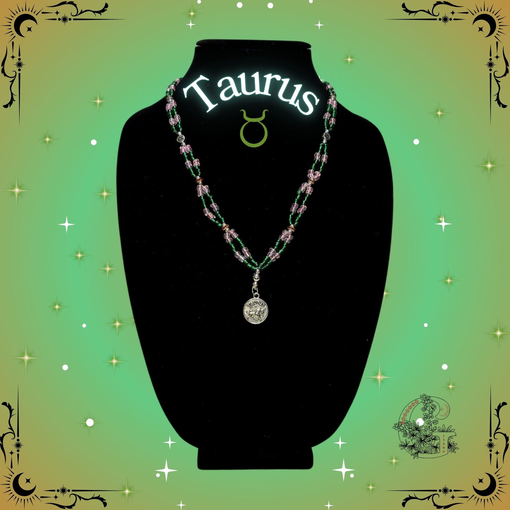 Taurus Zodiac Necklace – handcrafted beaded necklace in green tones featuring the Taurus symbol, representing stability and calm energy.
