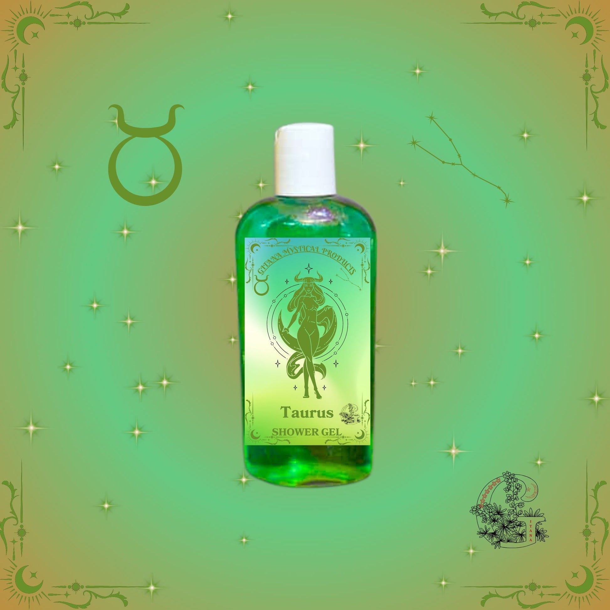 Taurus Zodiac Shower Gel – soothing and grounding cleanser in soft green tones for calm and balance.