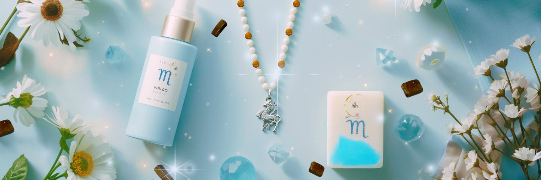 Virgo Zodiac Collection banner by Gitana Mystical Products – light blue display with handmade soap, spray, perfume, and Virgo zodiac necklace.