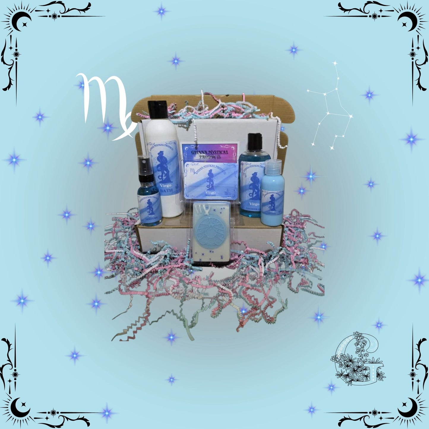 Virgo Zodiac Full Gift Set – refined handcrafted collection featuring bath, soap, lotion, shower gel, and perfume in soft blue hues promoting clarity, balance, and harmony.