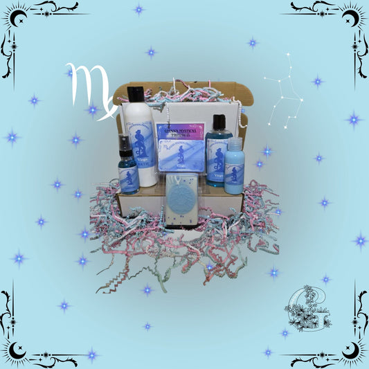 Virgo Zodiac Full Gift Set – refined handcrafted collection featuring bath, soap, lotion, shower gel, and perfume in soft blue hues promoting clarity, balance, and harmony.
