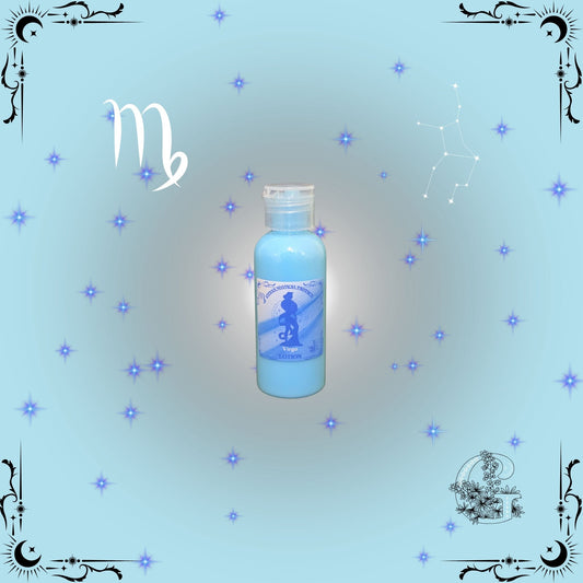 Virgo Zodiac Lotion – refined, soft lotion in cool blue tones for clarity and balance.