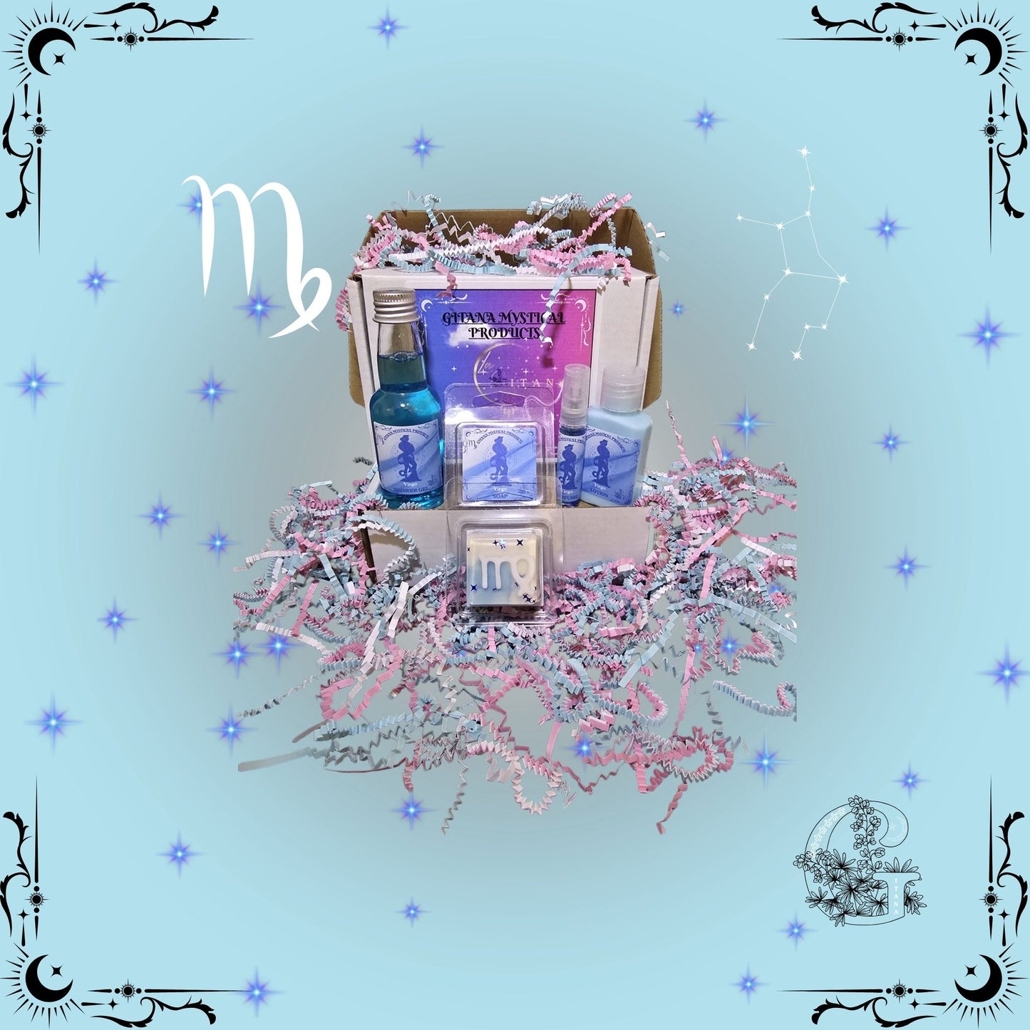 Virgo Zodiac Mini Gift Set – refined handcrafted collection featuring mini bath, soap, lotion, and perfume in soft blue hues promoting clarity and harmony.