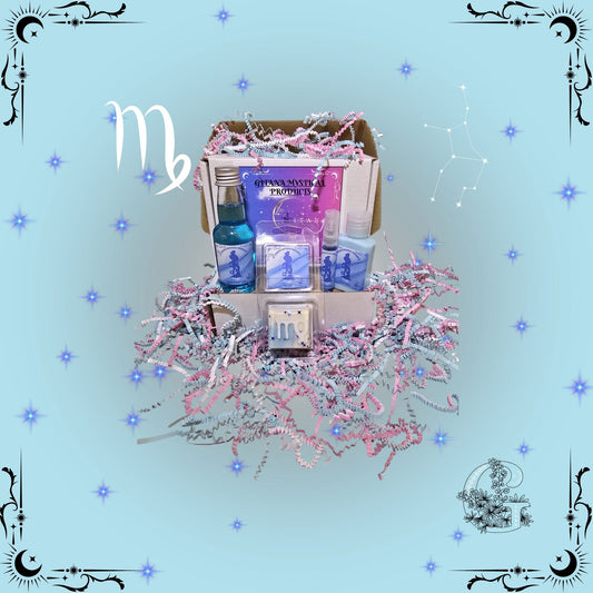Virgo Zodiac Mini Gift Set – refined handcrafted collection featuring mini bath, soap, lotion, and perfume in soft blue hues promoting clarity and harmony.