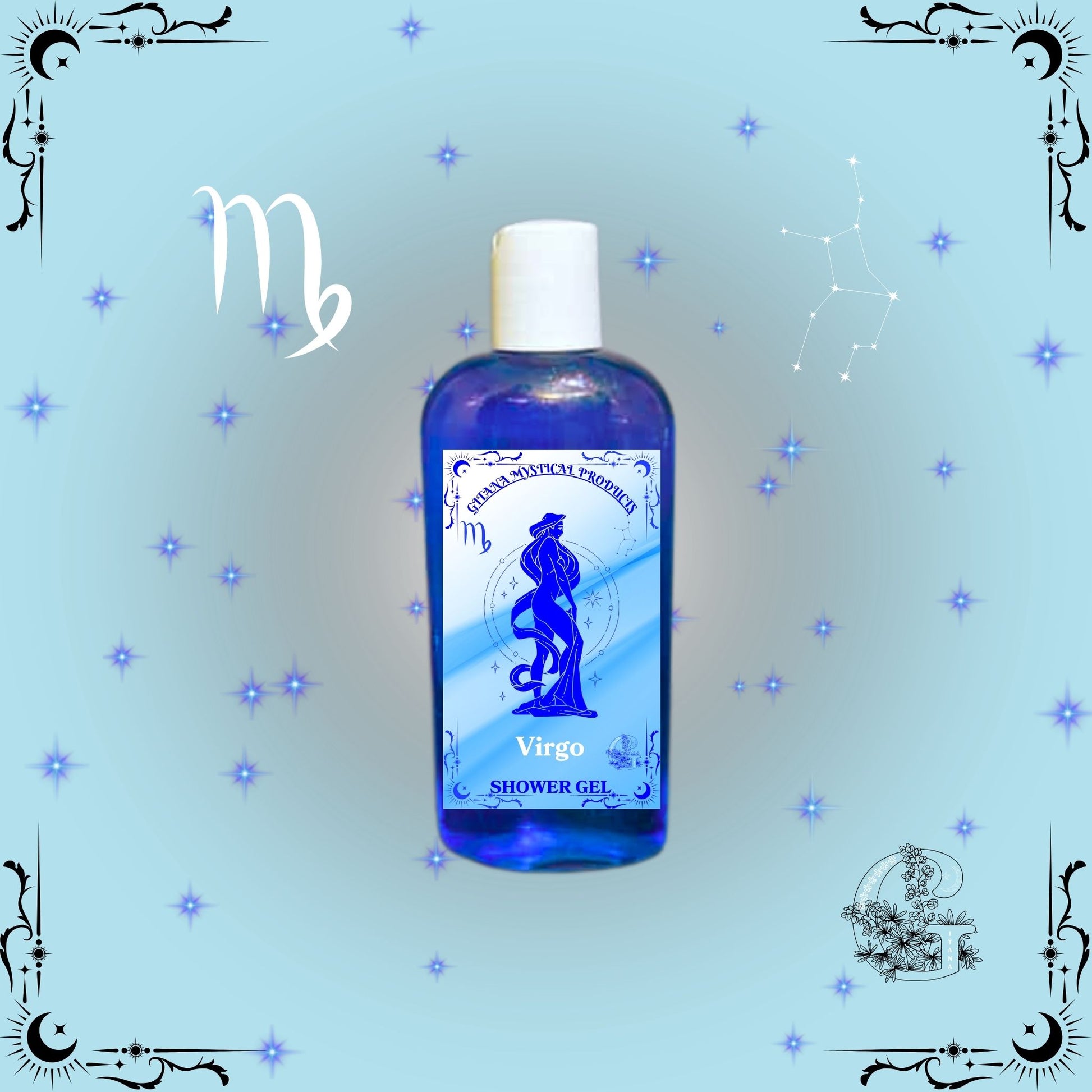 Virgo Zodiac Shower Gel – refined and balanced cleanser in soft blue tones symbolizing clarity and purity.