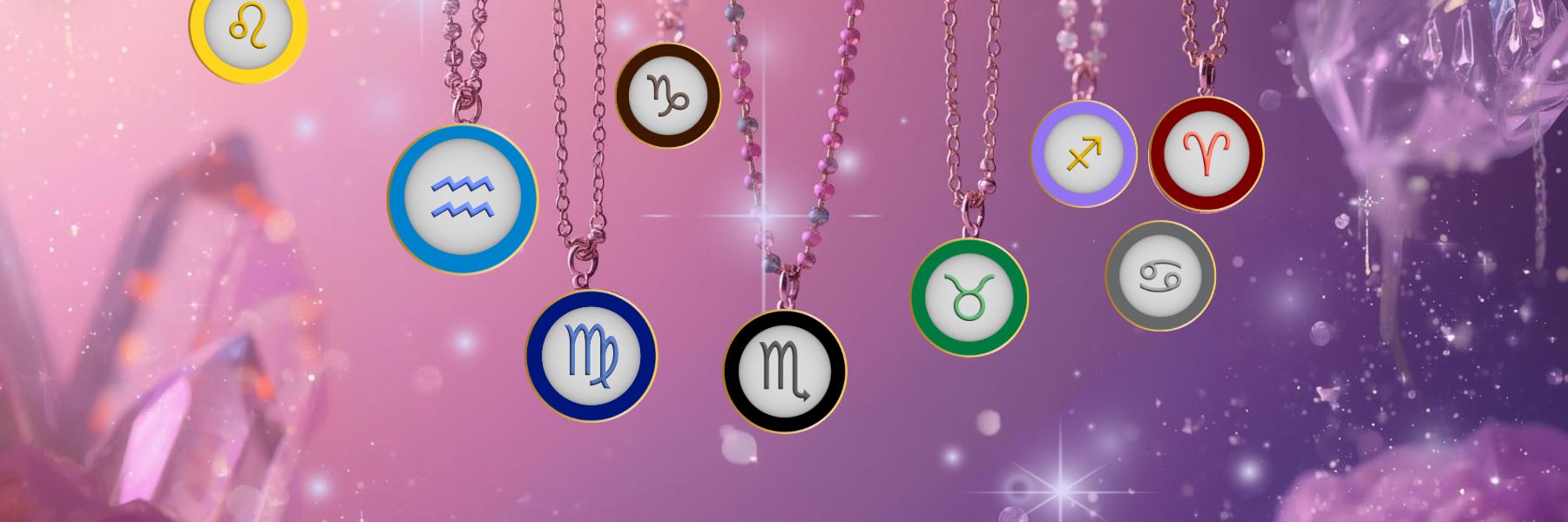 Zodiac Necklace Collection banner by Gitana Mystical Products – handmade necklaces with zodiac pendants on a mystical background.